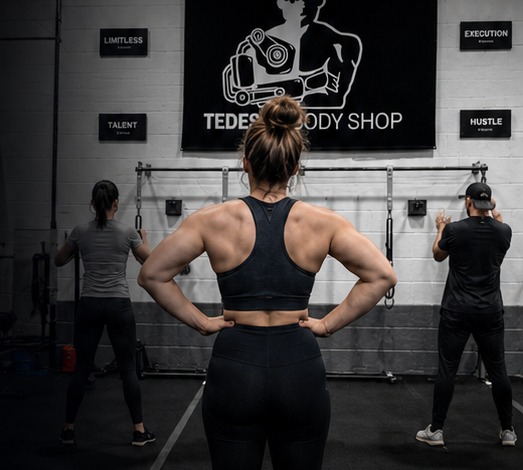 Three Tedesco Body Shop members training together in front of the gym logo